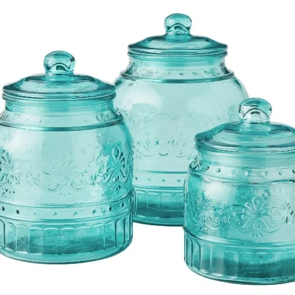 Pioneer woman cassie glass canister set 3 pc Teal new